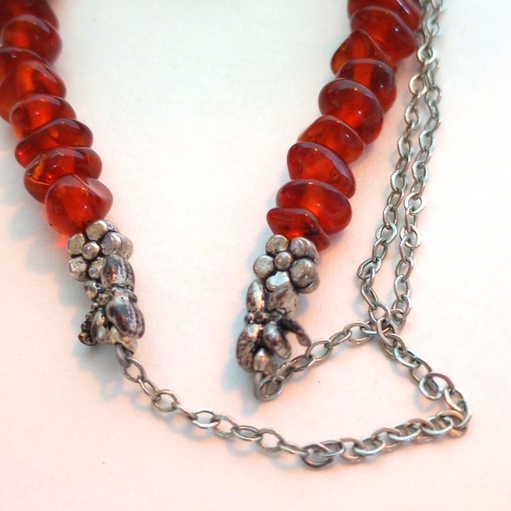 BALTIC AMBER NECKLACE 19 " LONG SILVER PLATED FLOWERS DRAGONFLY - Picture 6 of 6